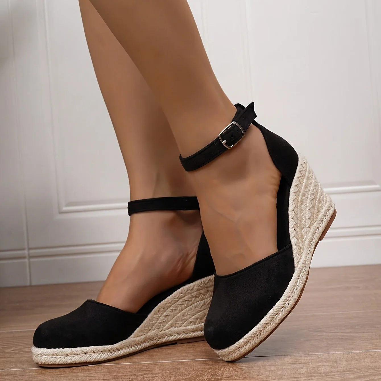 Women's Suede Espadrille Wedge Sandals with Ankle Strap for Summer
