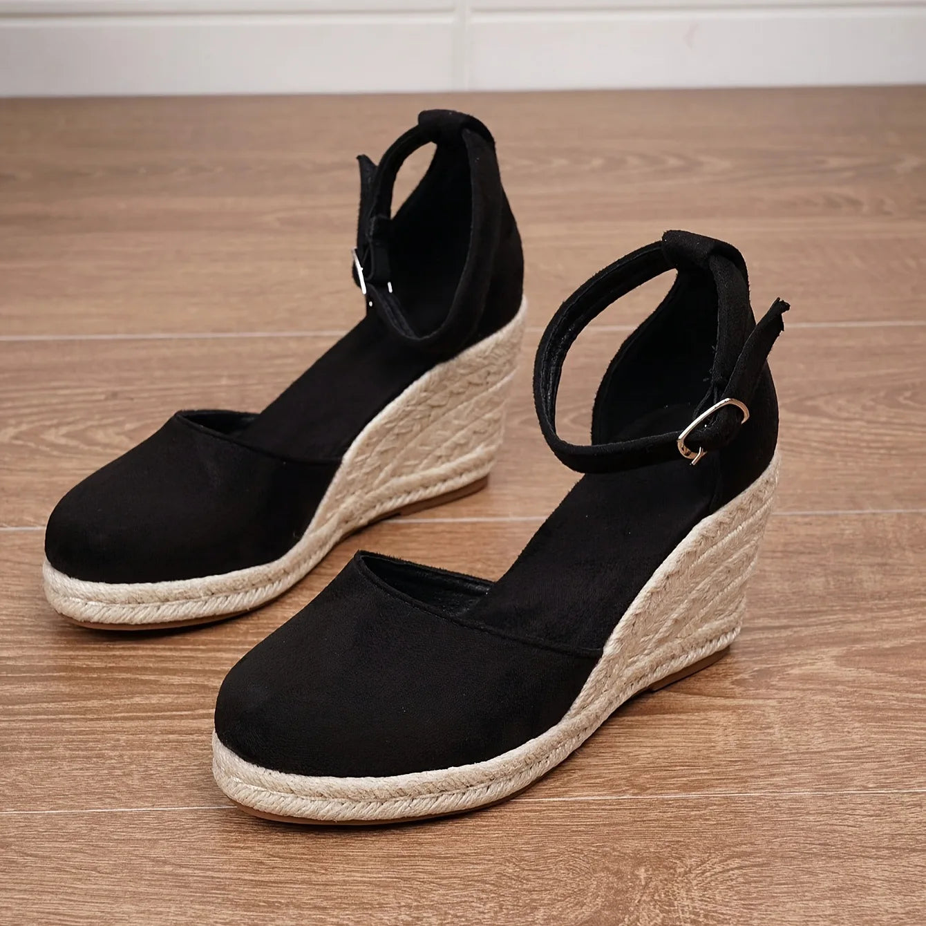 Women's Suede Espadrille Wedge Sandals with Ankle Strap for Summer