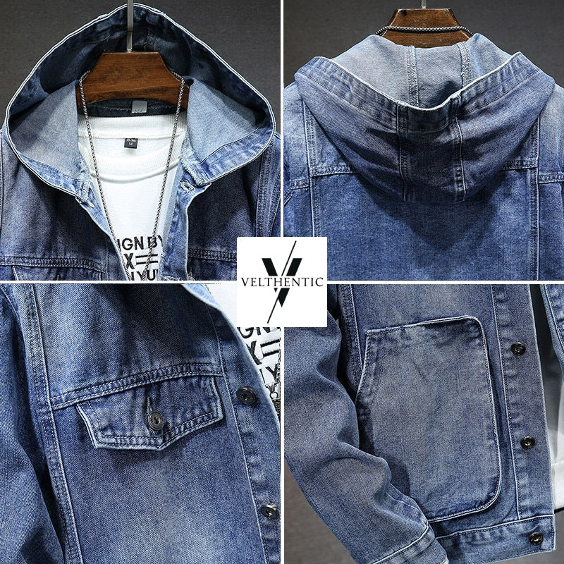 Men’s Hooded Denim Jacket with Utility Pockets