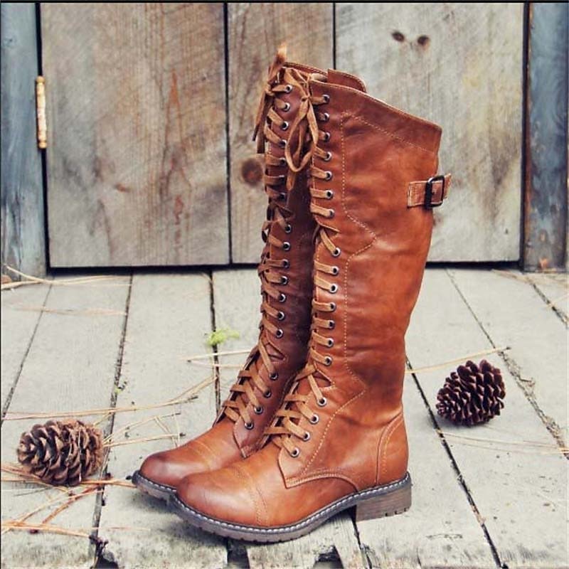 Bottes de combat à lacets pour femme, hauteur genou