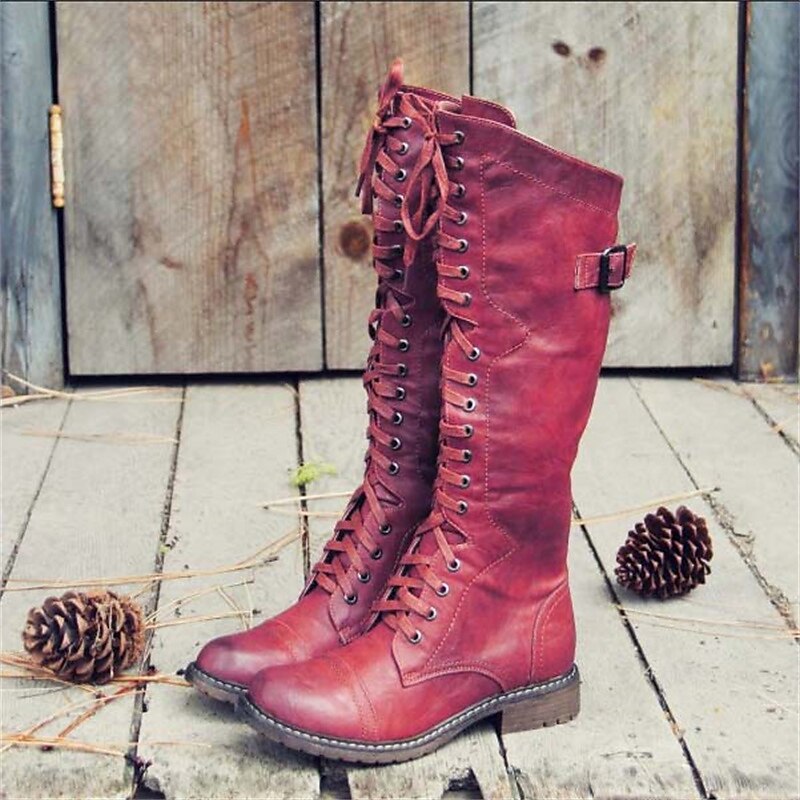 Bottes de combat à lacets pour femme, hauteur genou