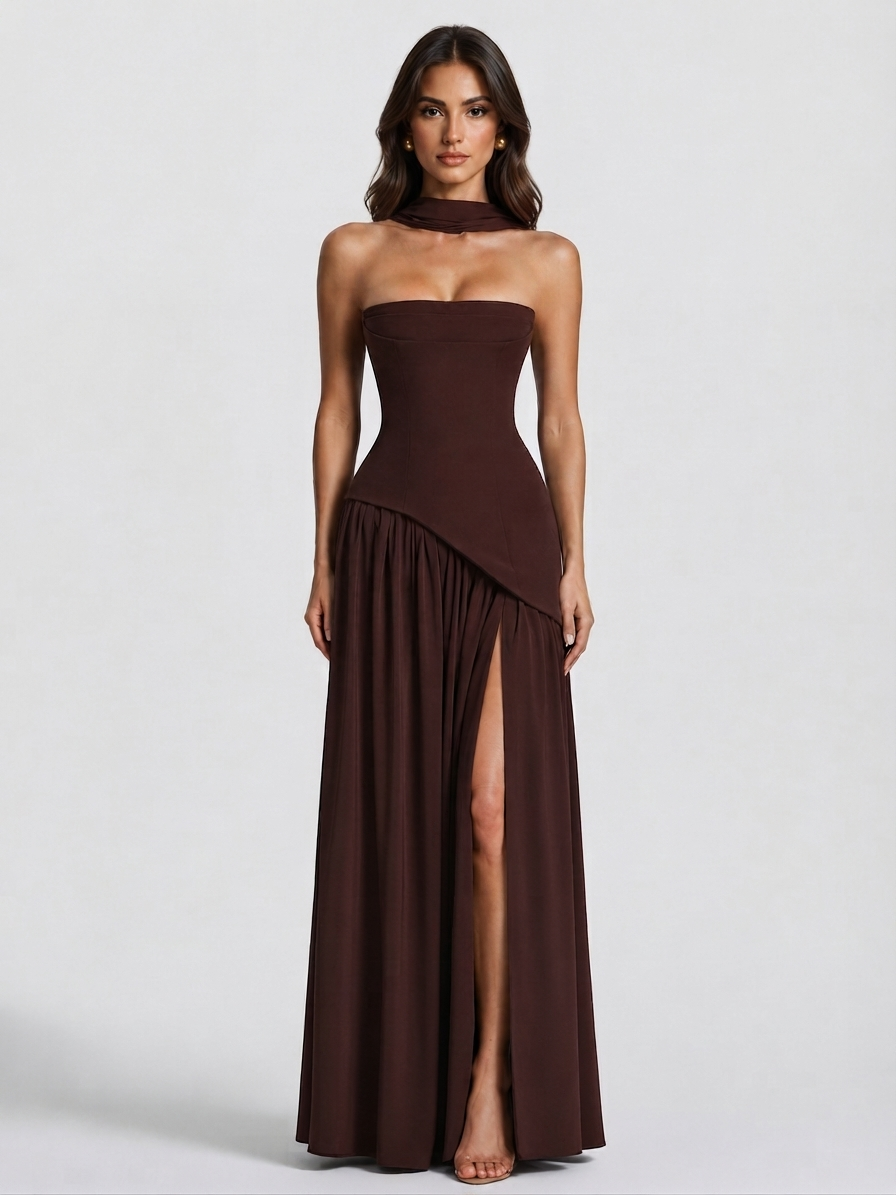 Women's Strapless Corset Evening Dress with Side Split Scarf
