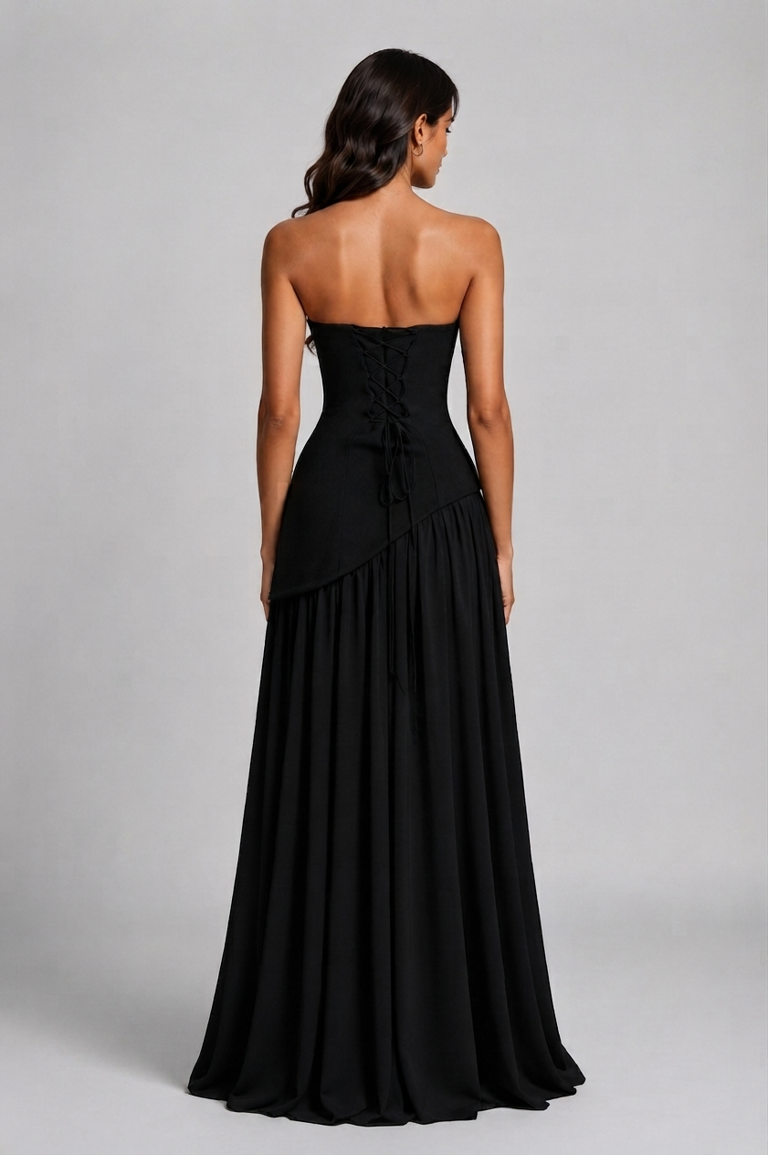 Women's Strapless Corset Evening Dress with Side Split Scarf