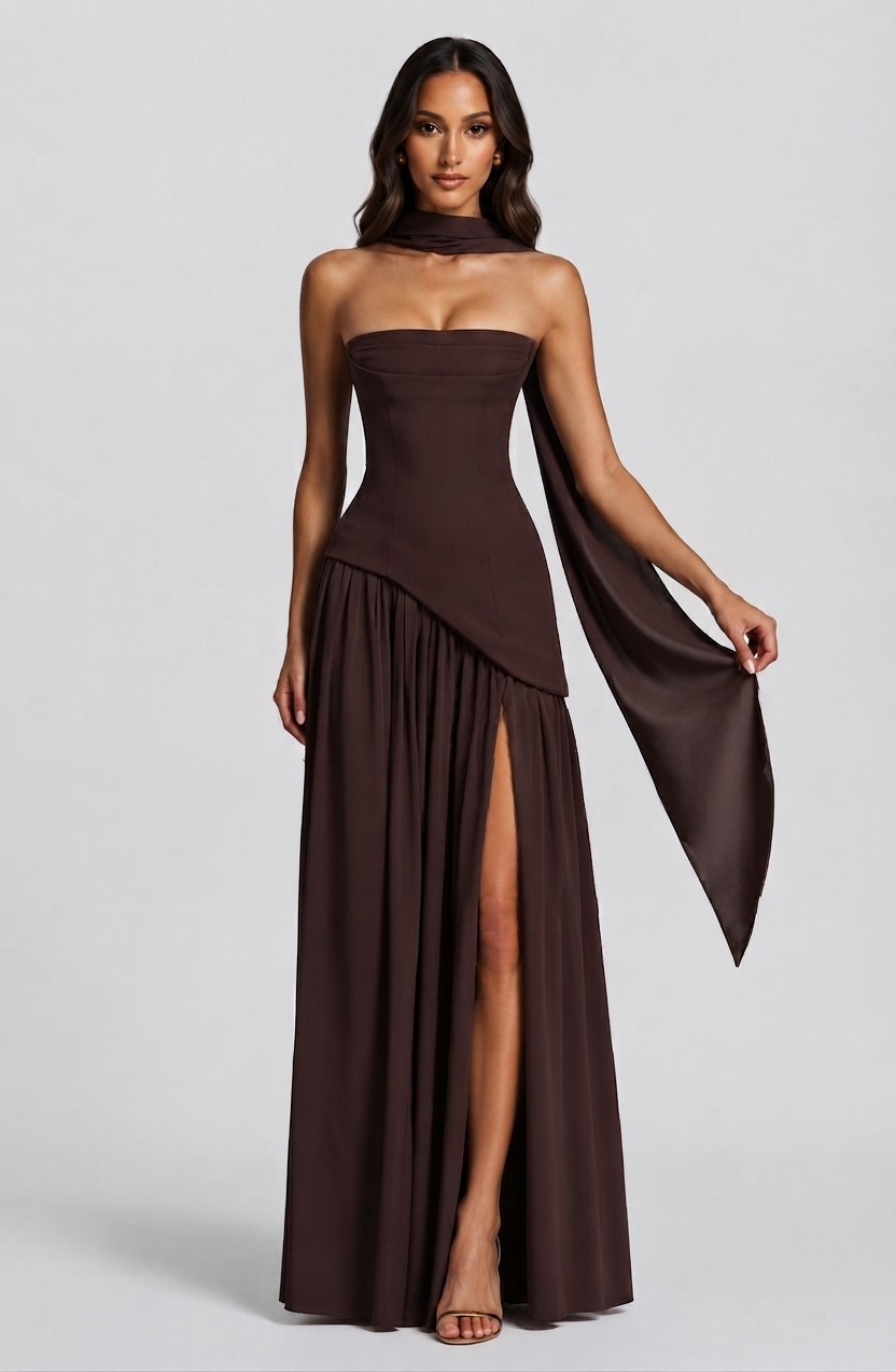 Women's Strapless Corset Evening Dress with Side Split Scarf