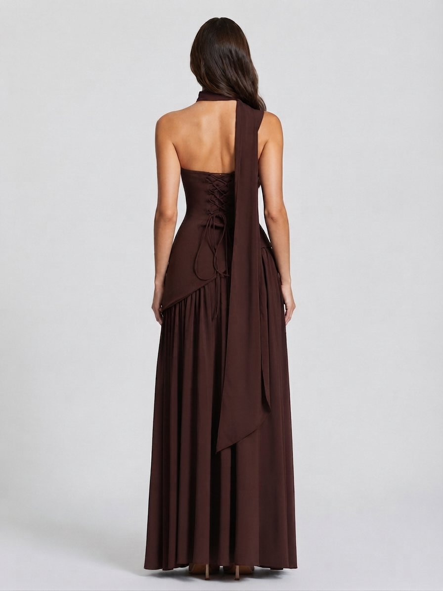 Women's Strapless Corset Evening Dress with Side Split Scarf