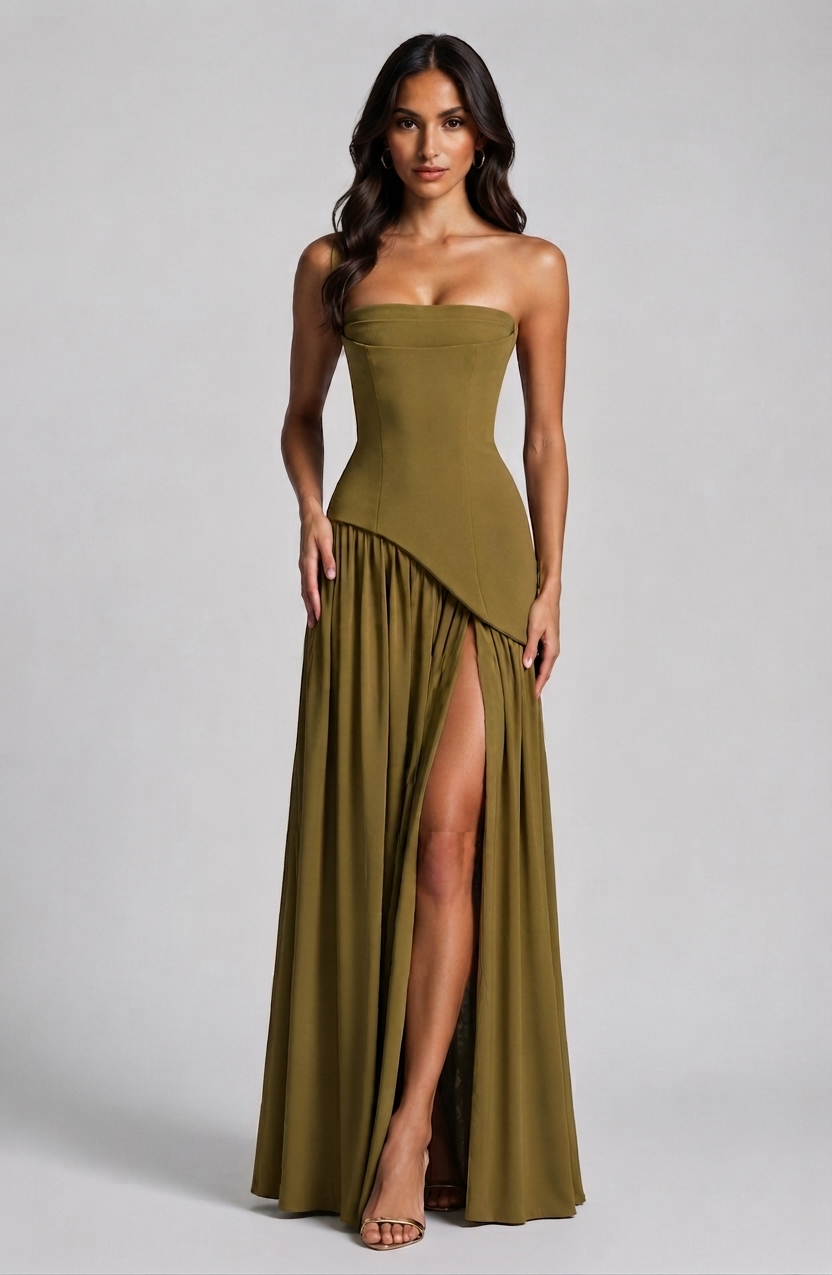 Robe de soirée bustier sans bretelles avec foulard fendu sur le côté pour femme