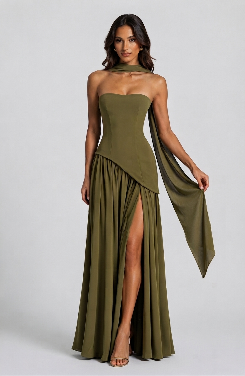 Women's Strapless Corset Evening Dress with Side Split Scarf