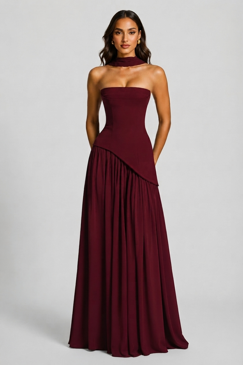 Robe de soirée bustier sans bretelles avec foulard fendu sur le côté pour femme
