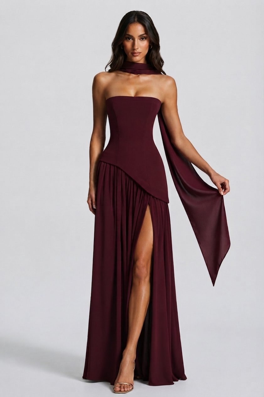 Women's Strapless Corset Evening Dress with Side Split Scarf