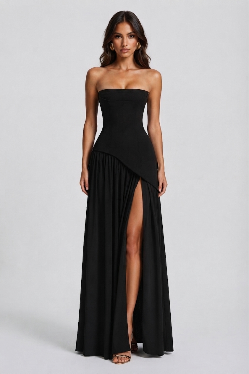 Robe de soirée bustier sans bretelles avec foulard fendu sur le côté pour femme