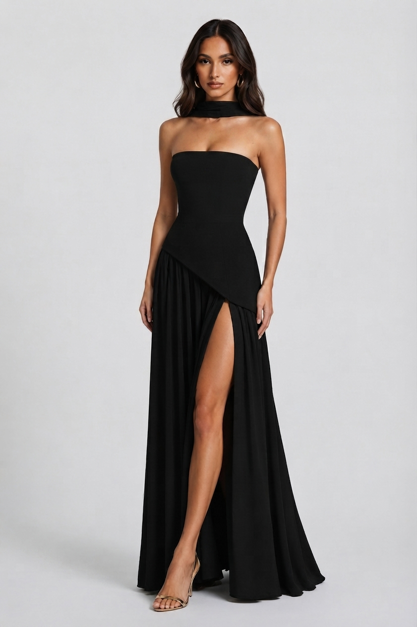 Women's Strapless Corset Evening Dress with Side Split Scarf