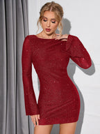 Women's Glitter Party Dress with Open Back & Long Sleeves