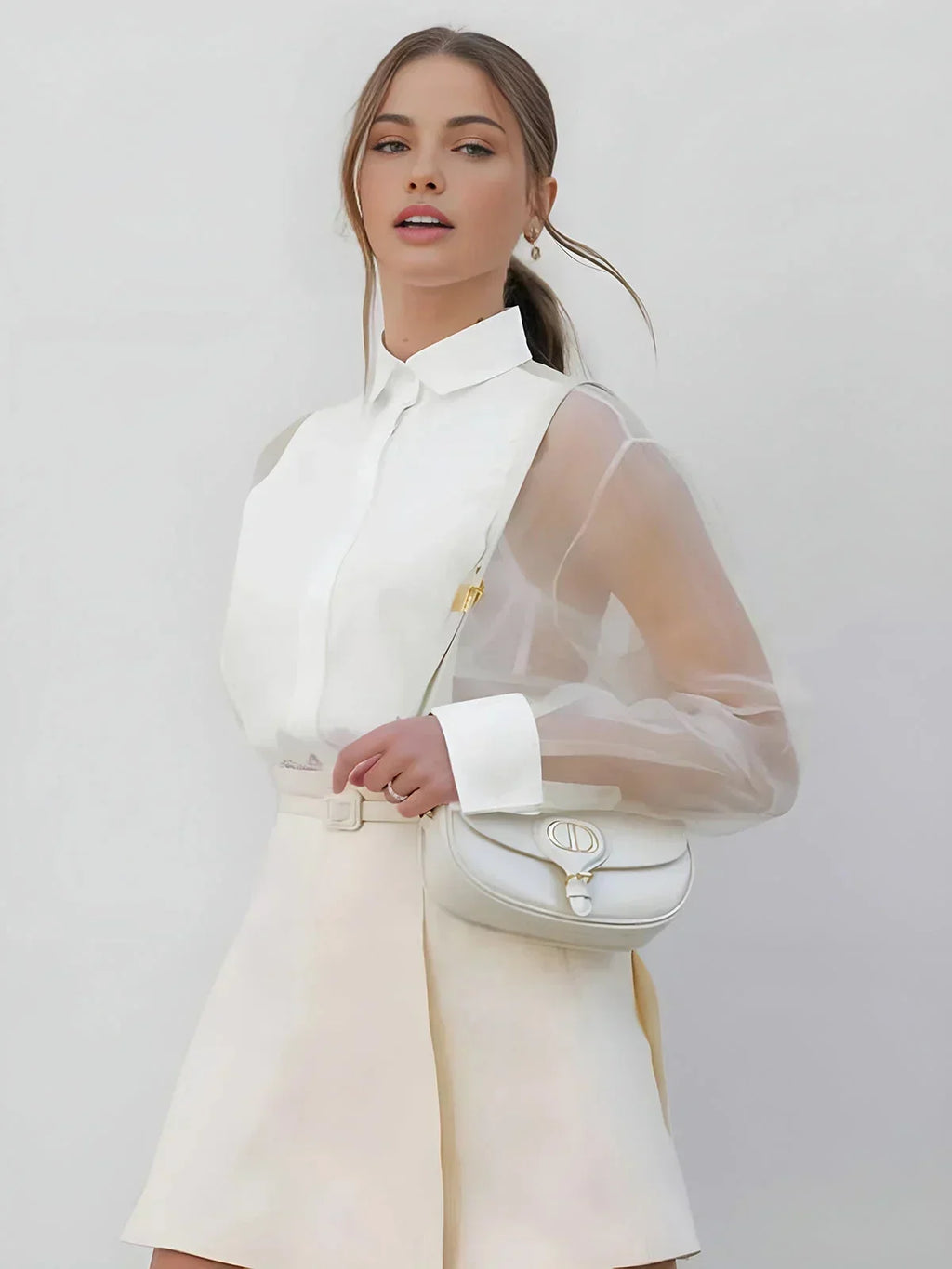 Women's White Mini Dress with Sheer Long Sleeves