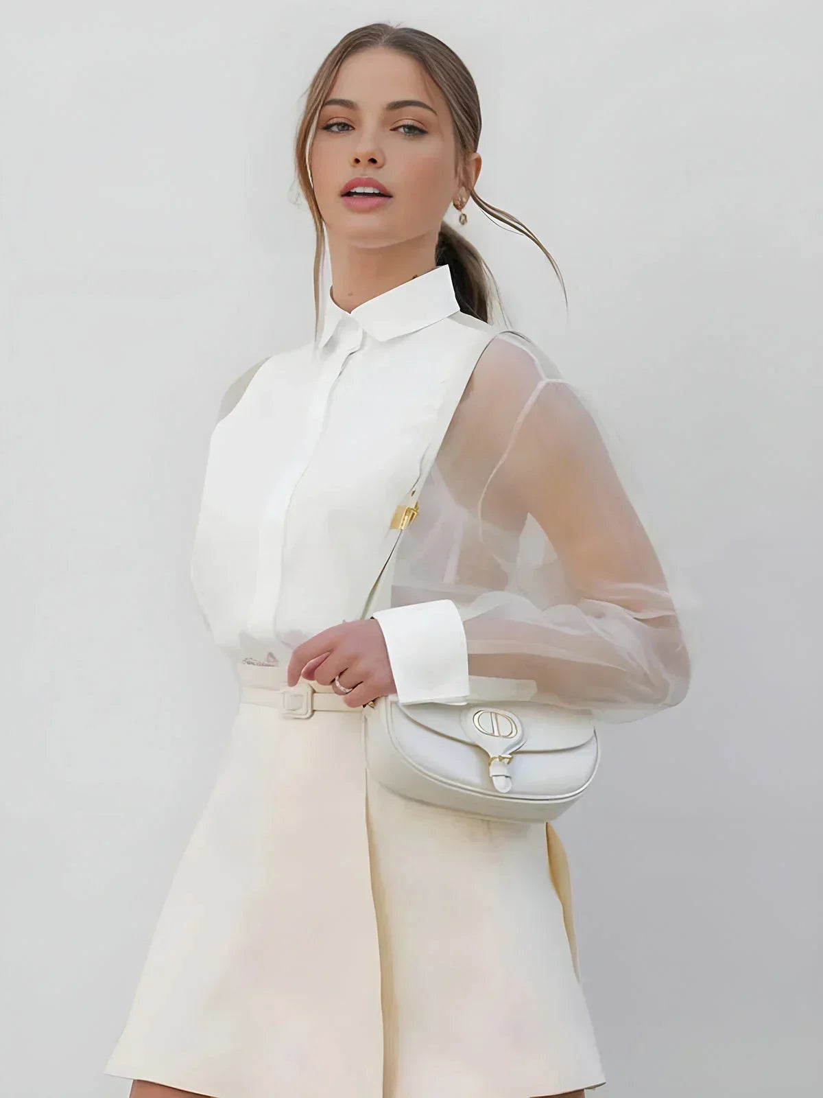 Women's White Mini Dress with Sheer Long Sleeves