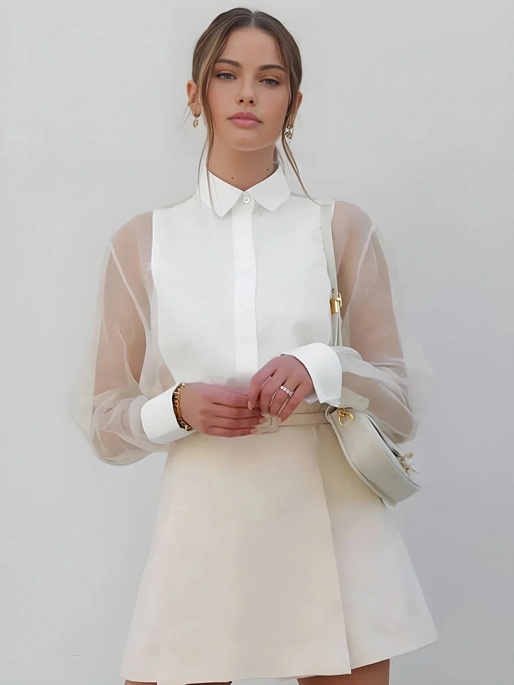 Women's White Mini Dress with Sheer Long Sleeves