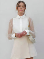 Women's White Mini Dress with Sheer Long Sleeves