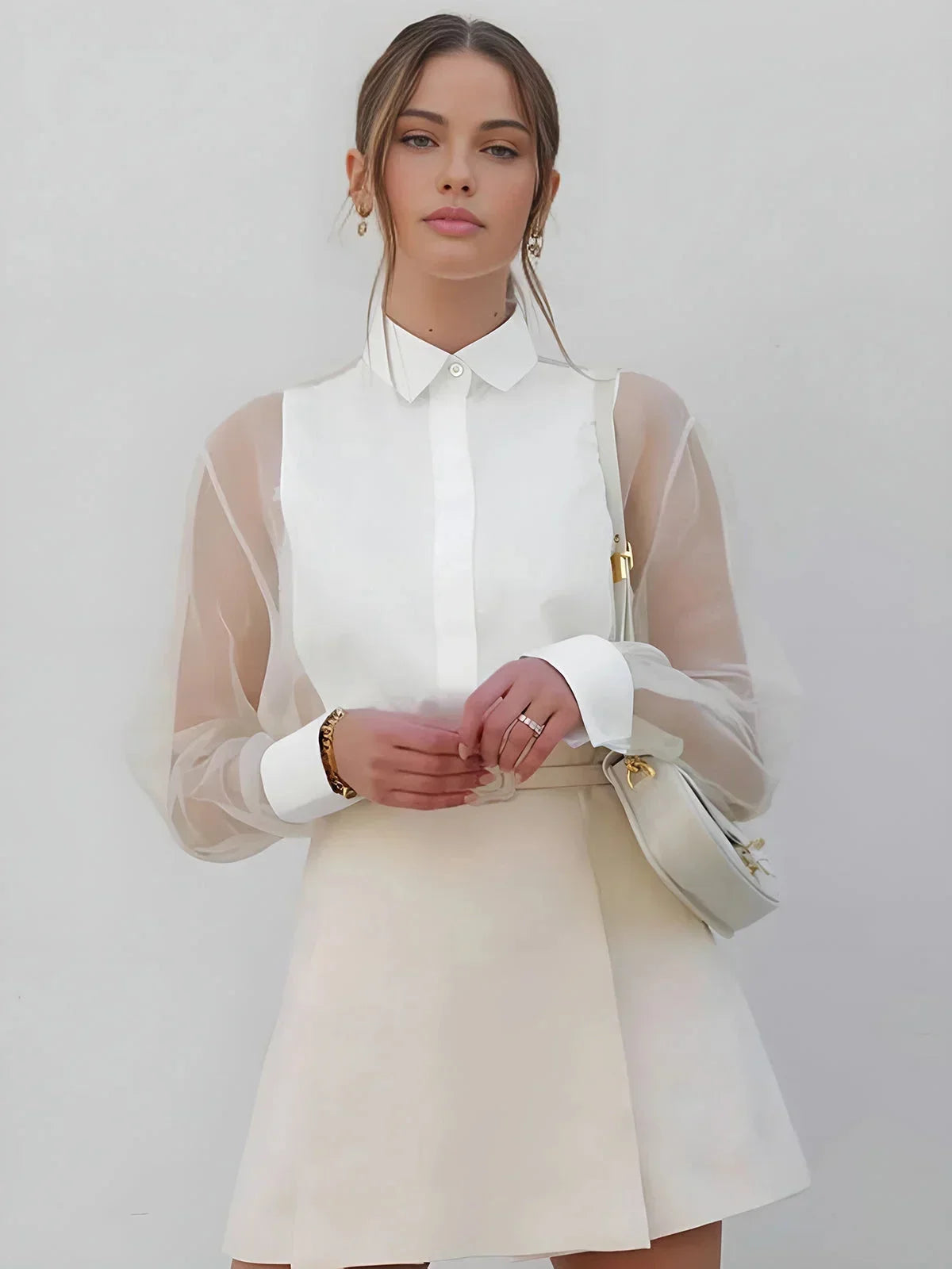 Women's White Mini Dress with Sheer Long Sleeves