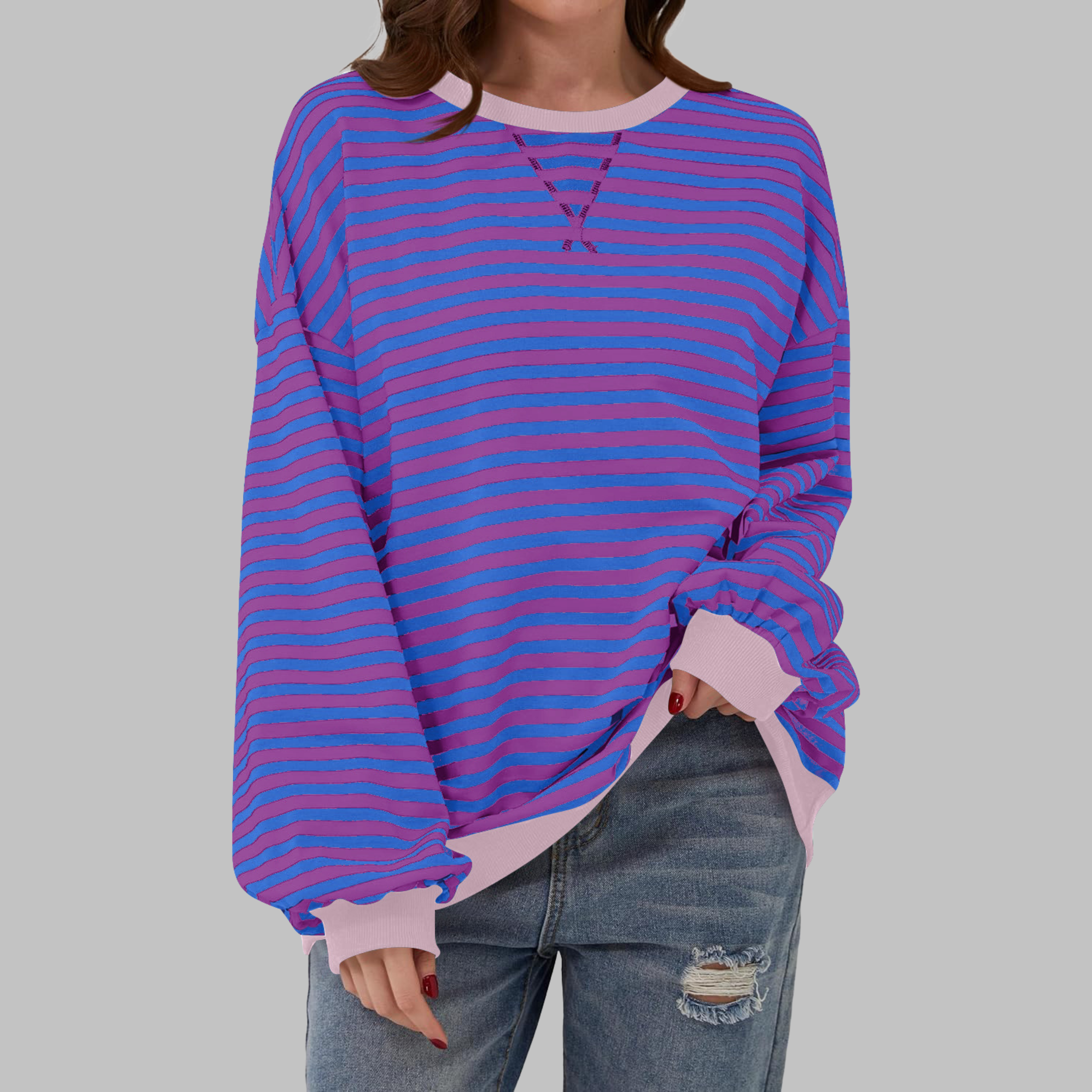Women’s Oversized Striped Crew Neck Sweatshirt
