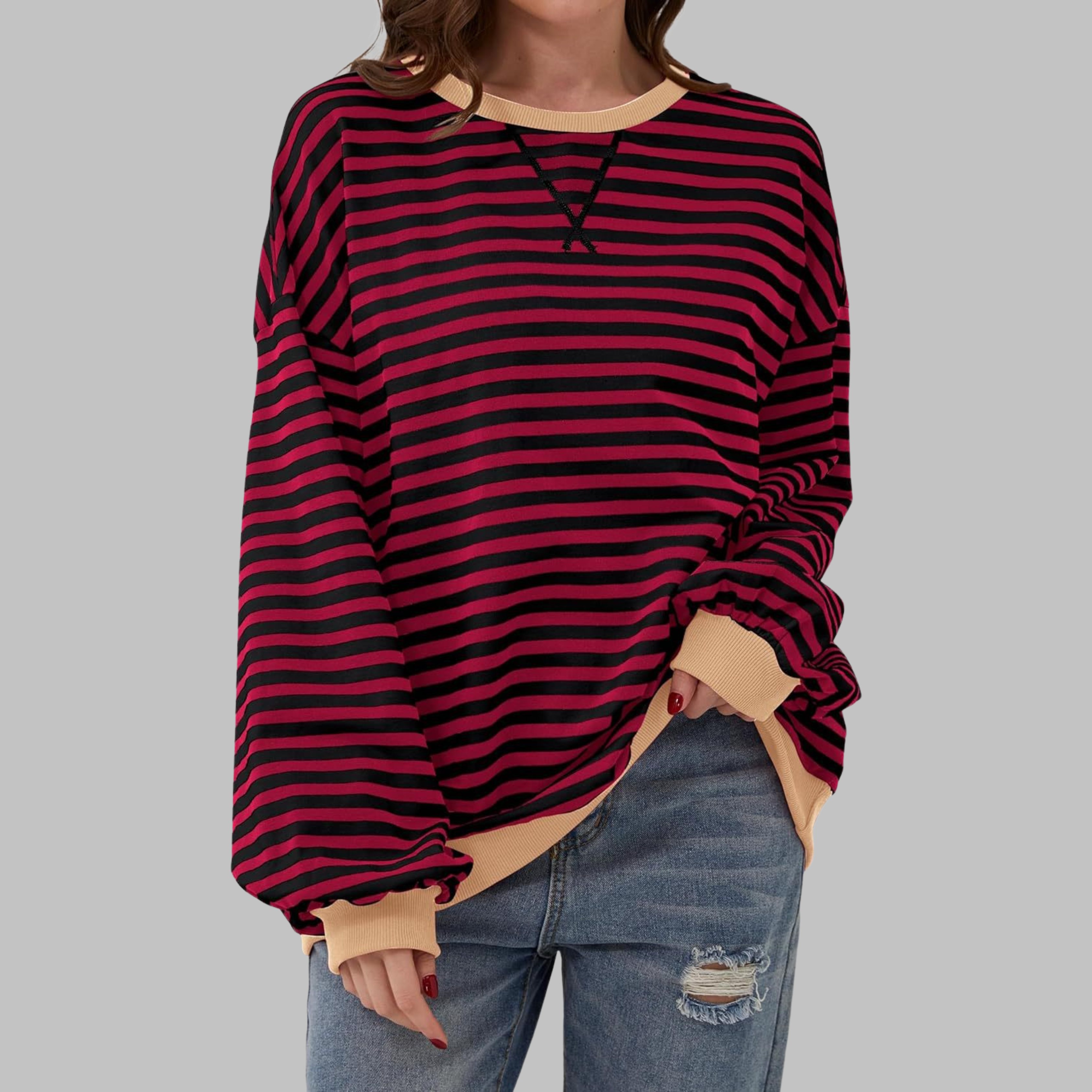 Women’s Oversized Striped Crew Neck Sweatshirt