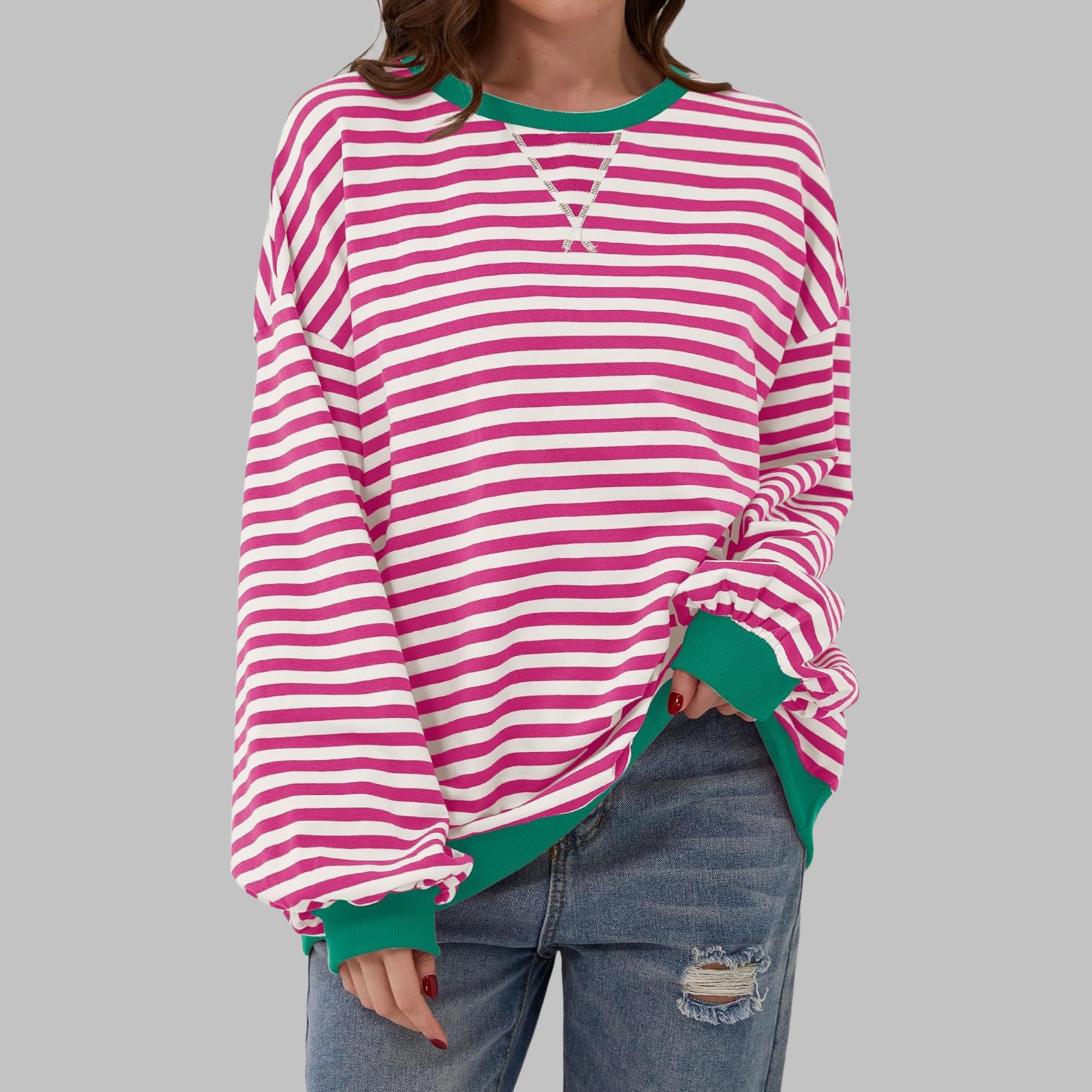 Women’s Oversized Striped Crew Neck Sweatshirt