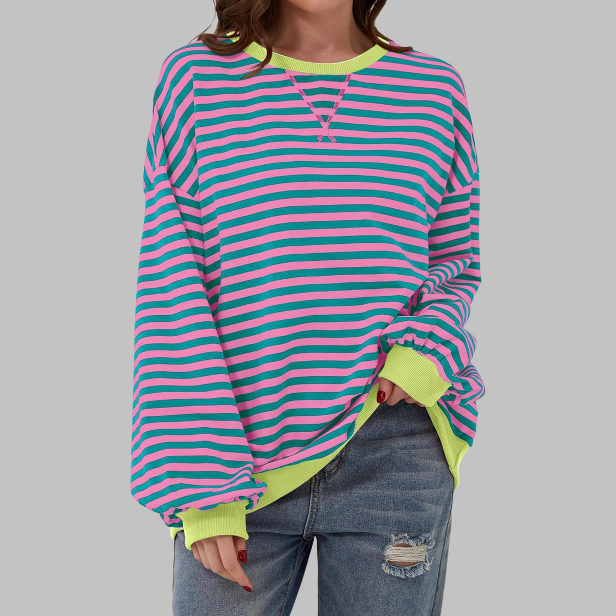 Women’s Oversized Striped Crew Neck Sweatshirt
