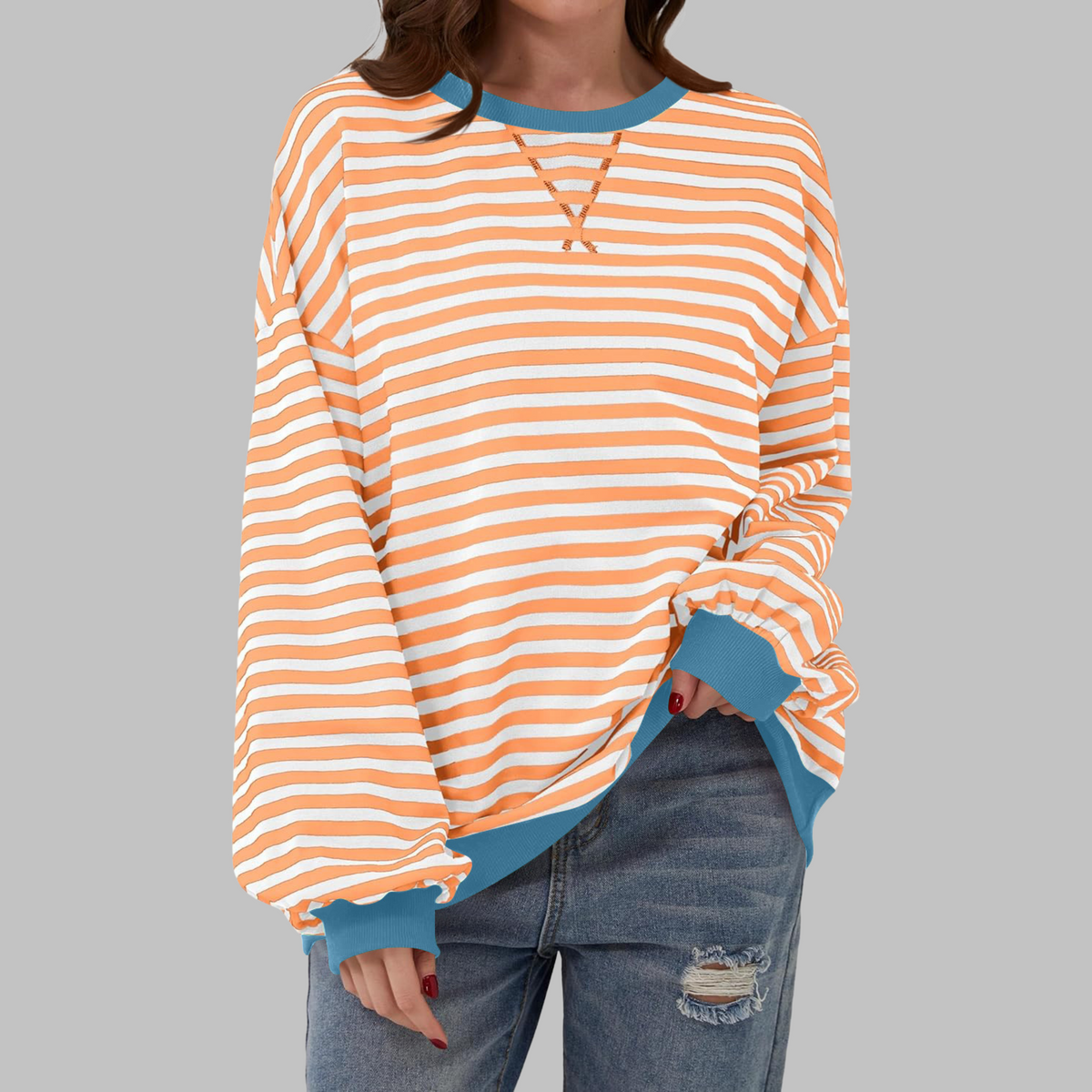 Women’s Oversized Striped Crew Neck Sweatshirt