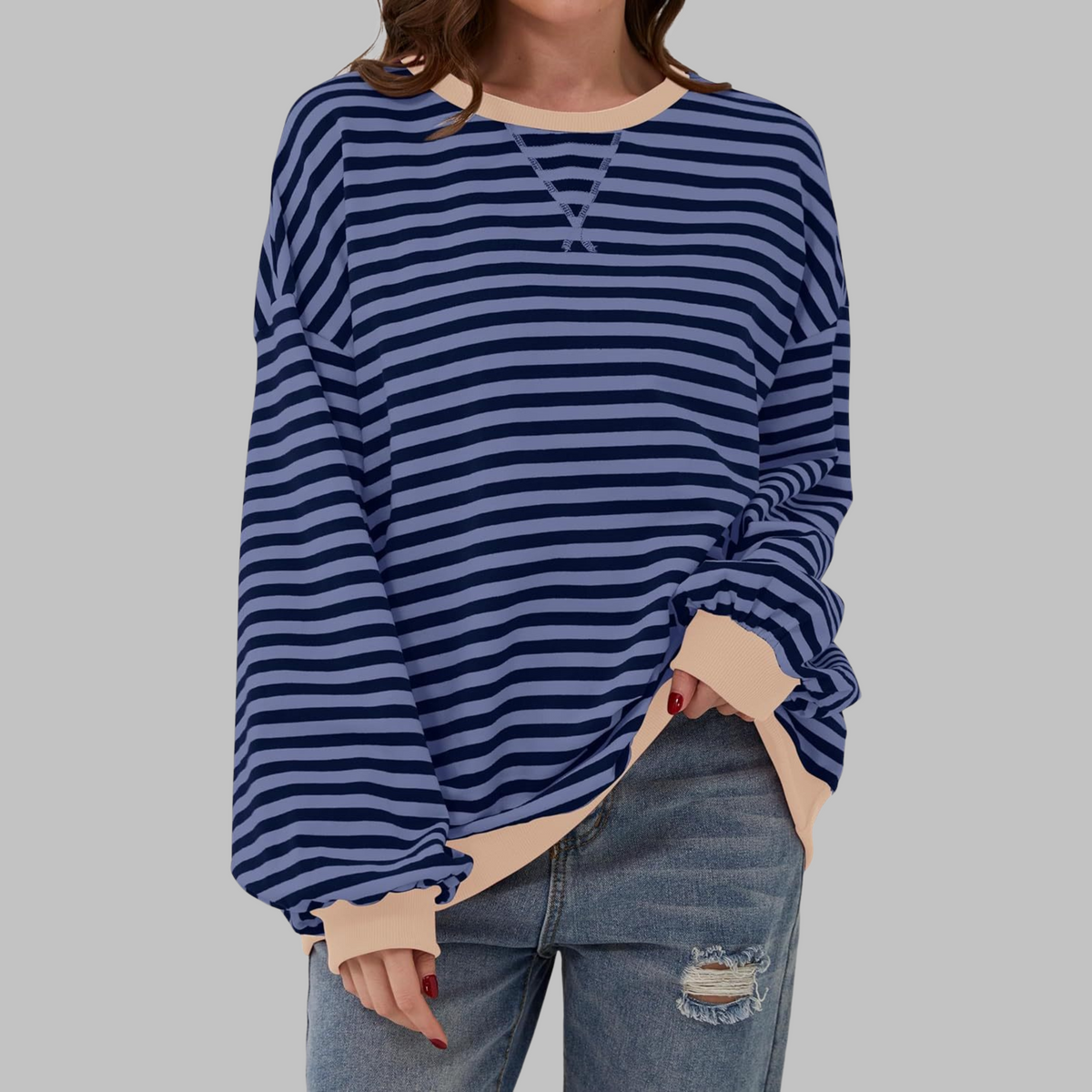 Women’s Oversized Striped Crew Neck Sweatshirt