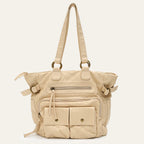 Leather Tote Bag with Multiple Front Pockets