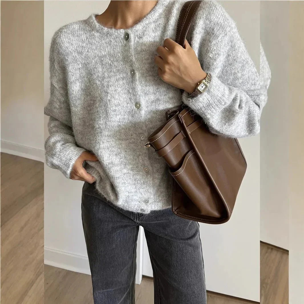 Women’s Soft Knit Button-Up Cardigan with Round Neck