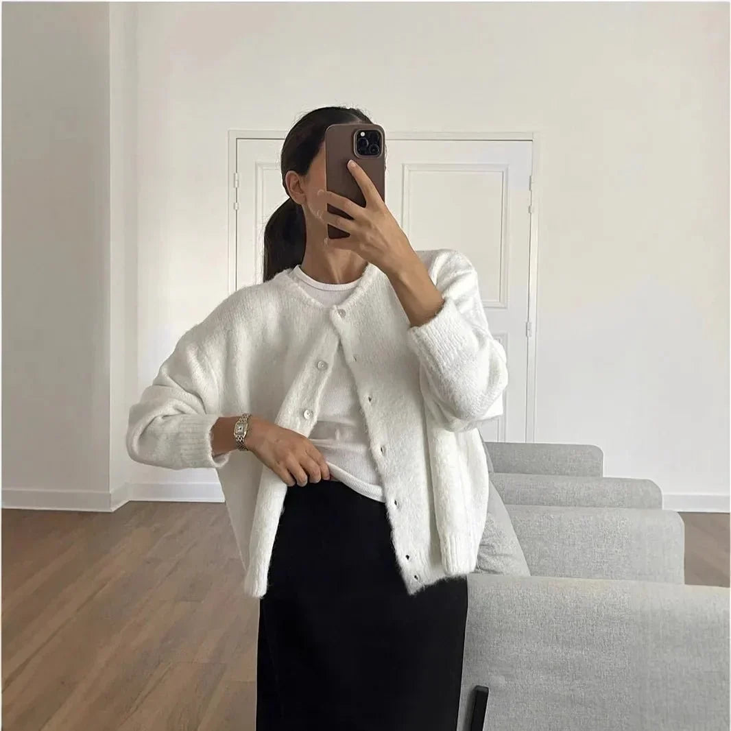 Women’s Soft Knit Button-Up Cardigan with Round Neck