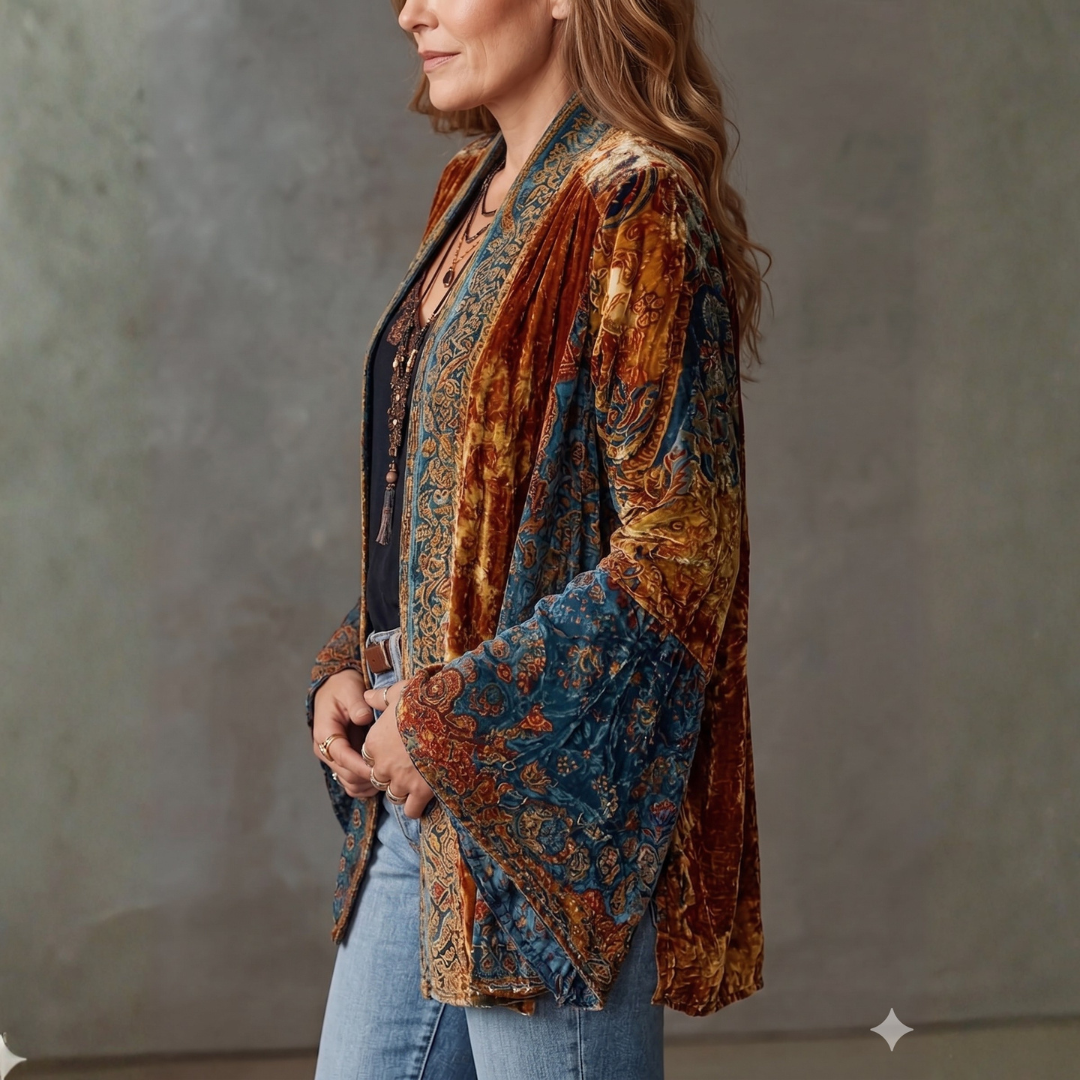Aksamitna kurtka damska w stylu boho | flanelowy płaszcz o luźnym kroju