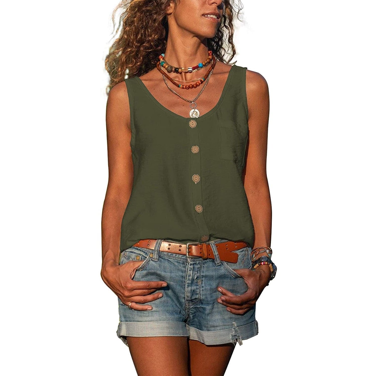 Women's Cotton Sleeveless Button Tank Top for Summer