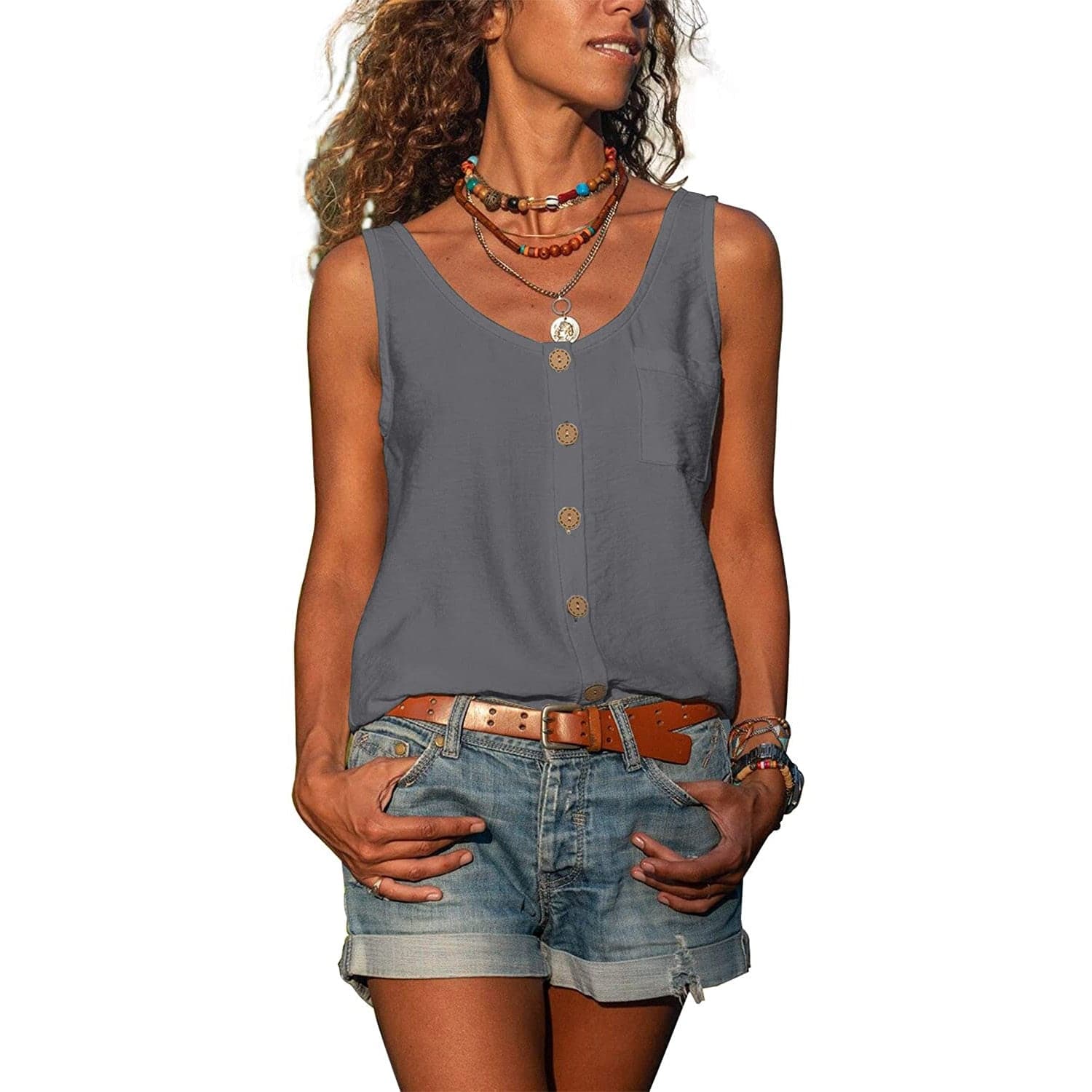 Women's Cotton Sleeveless Button Tank Top for Summer