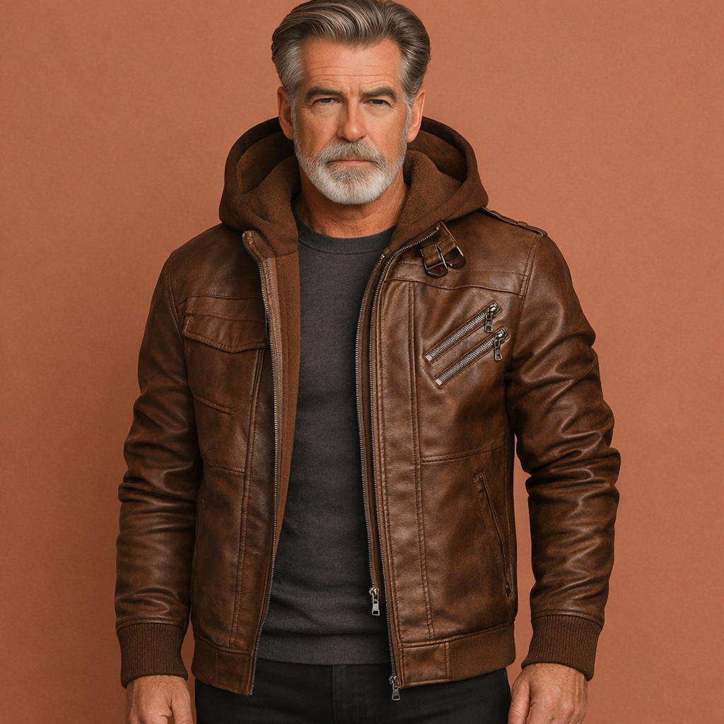 Blouson aviateur homme en similicuir avec capuche amovible