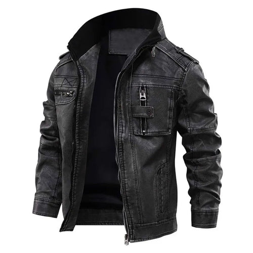 Veste homme noire en similicuir avec capuche amovible