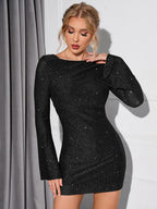 Women's Glitter Party Dress with Open Back & Long Sleeves