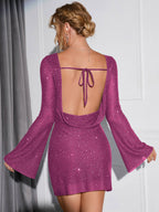 Women's Glitter Party Dress with Open Back & Long Sleeves