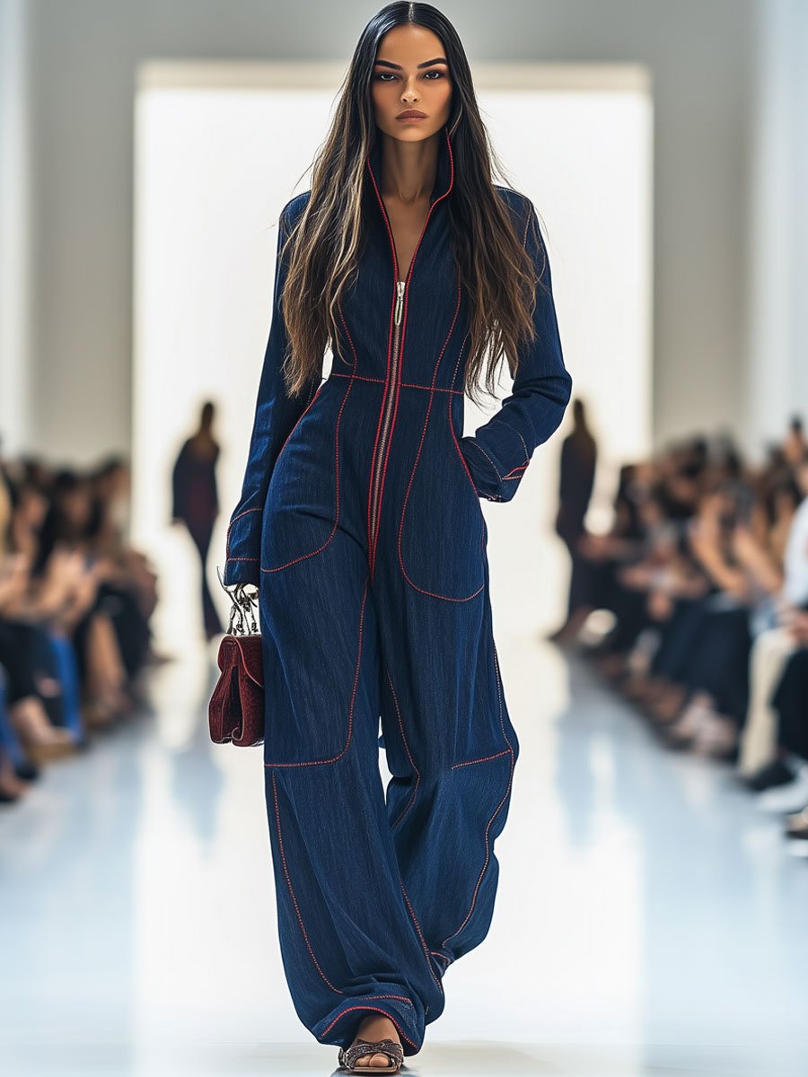 Women's Zip Up Wide Leg Denim Jumpsuit