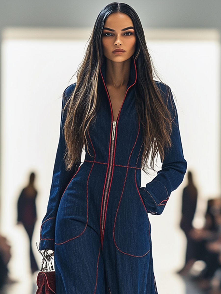 Women's Zip Up Wide Leg Denim Jumpsuit