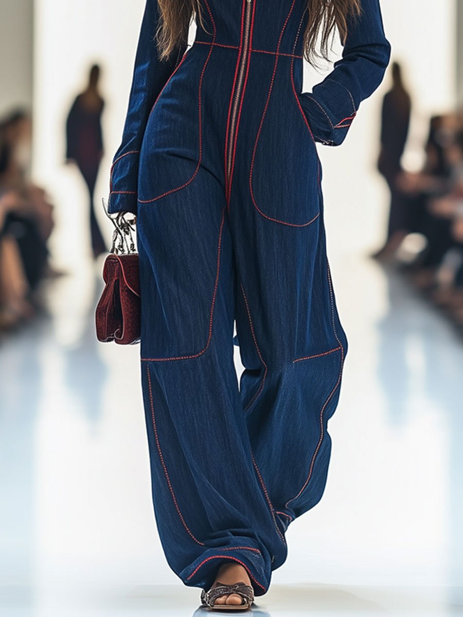 Women's Zip Up Wide Leg Denim Jumpsuit