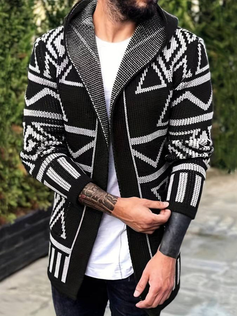Men’s Hooded Geometric Knit Long Cardigan