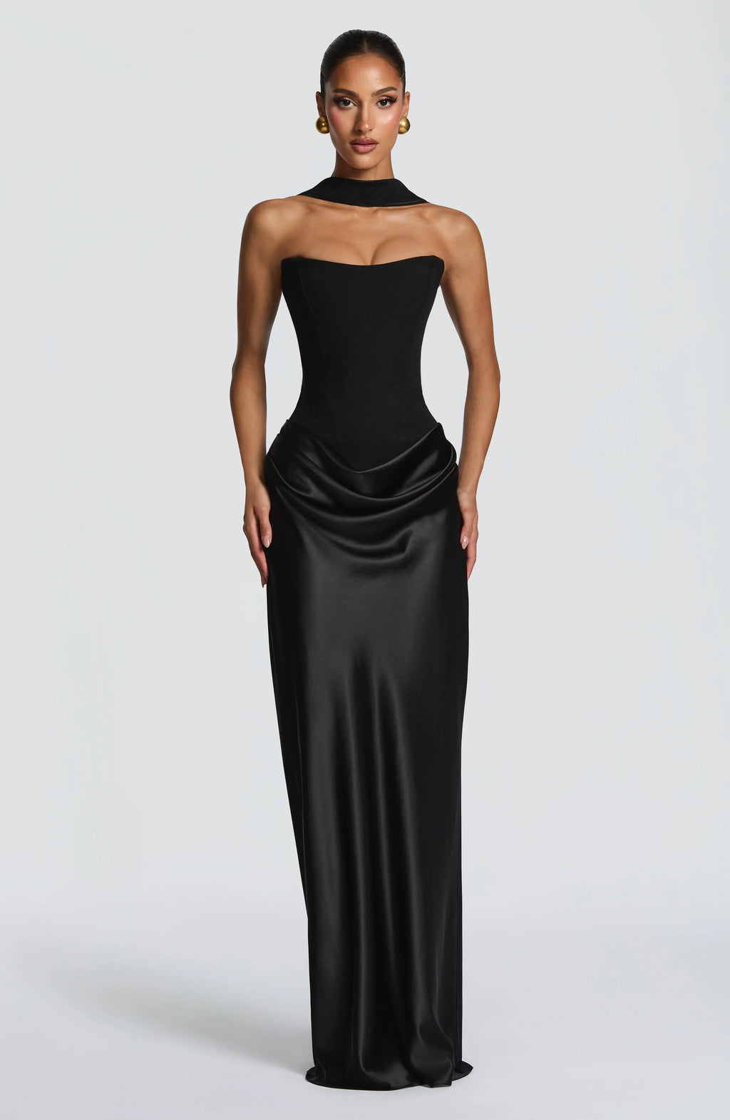 Women's Strapless Corset Satin Draped Maxi Dress