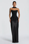 Women's Strapless Corset Satin Draped Maxi Dress
