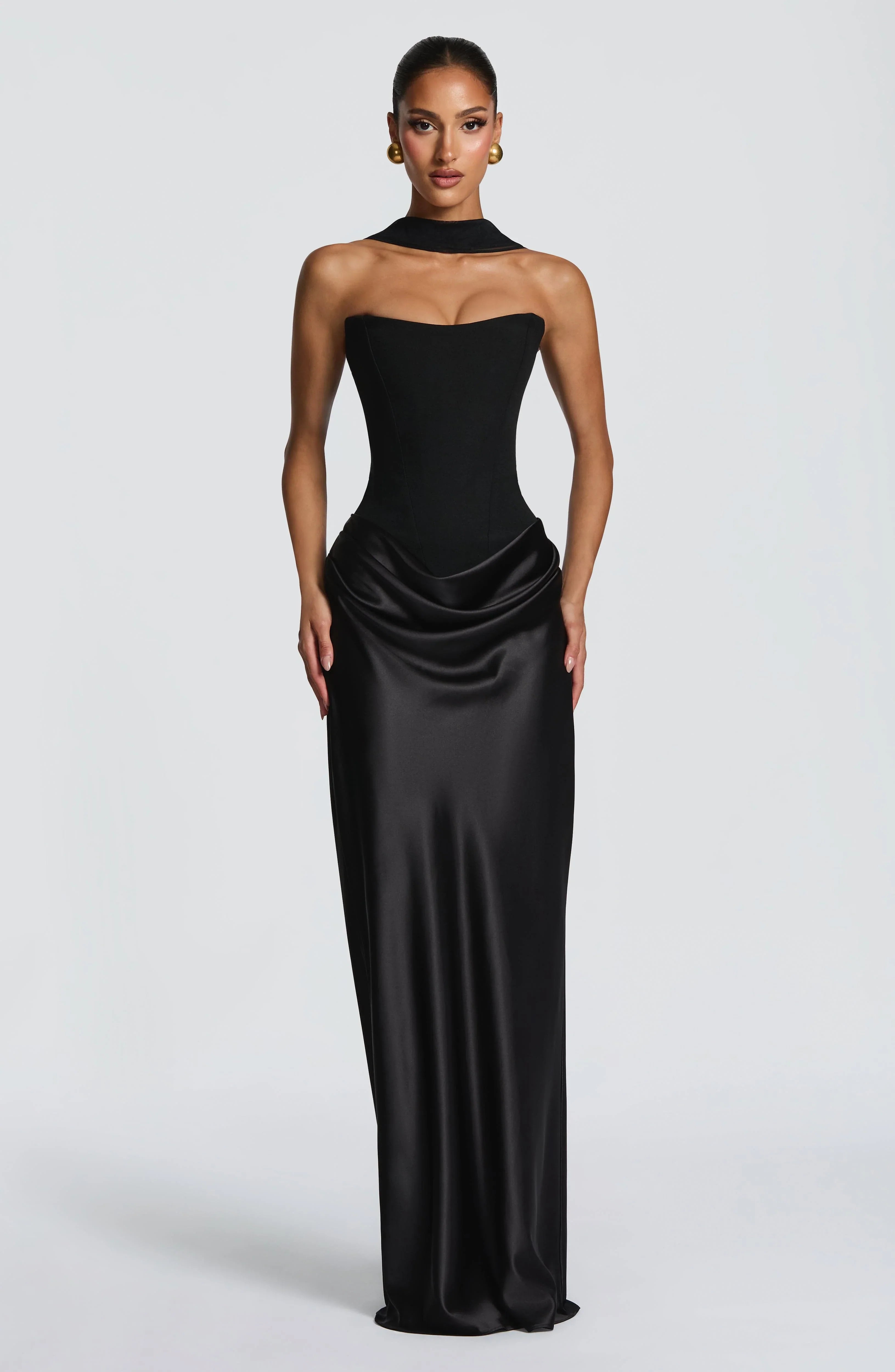 Women's Strapless Corset Satin Draped Maxi Dress