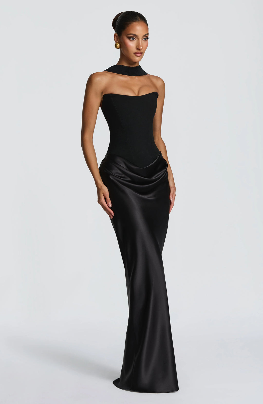 Women's Strapless Corset Satin Draped Maxi Dress