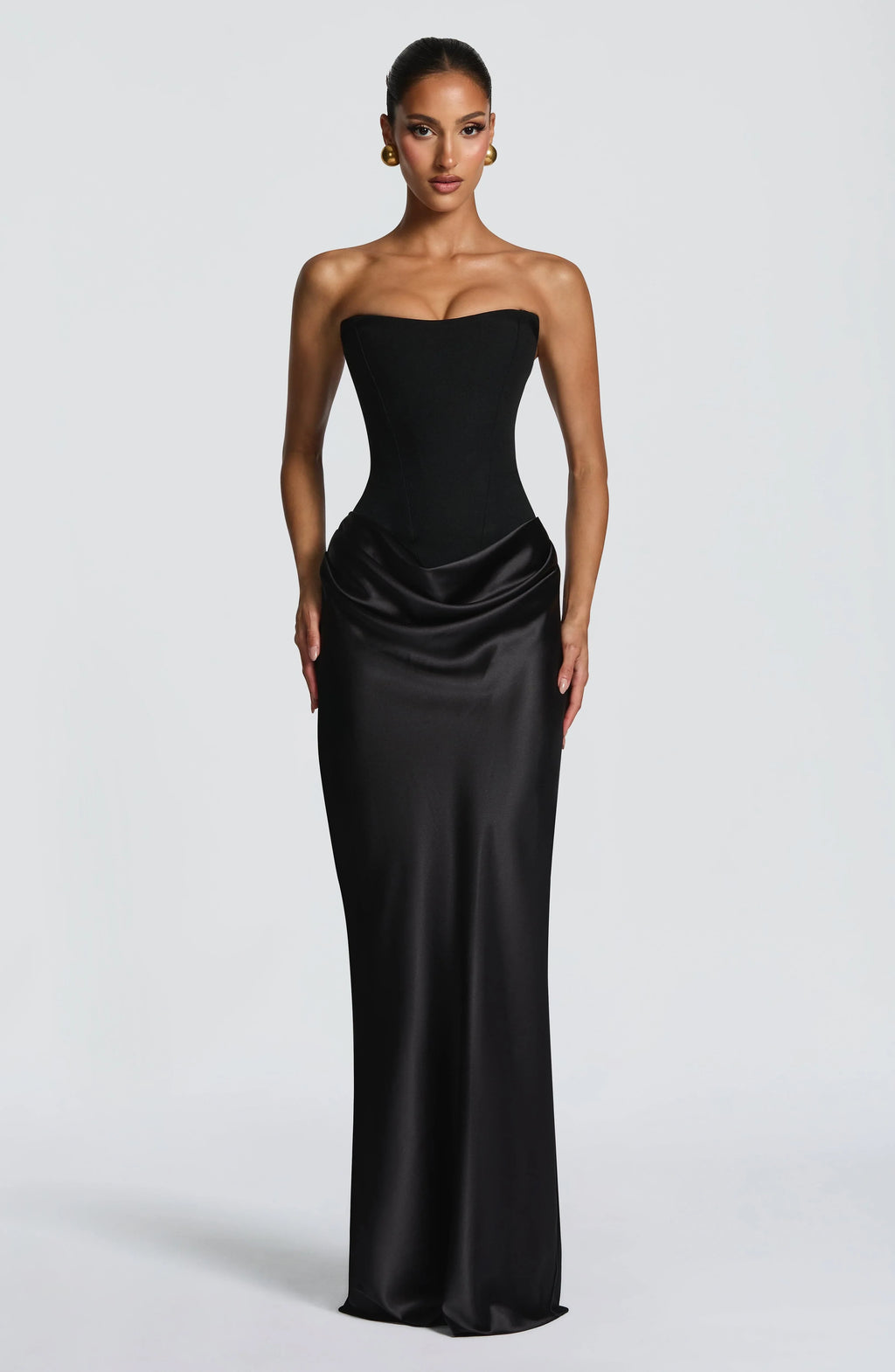 Women's Strapless Corset Satin Draped Maxi Dress