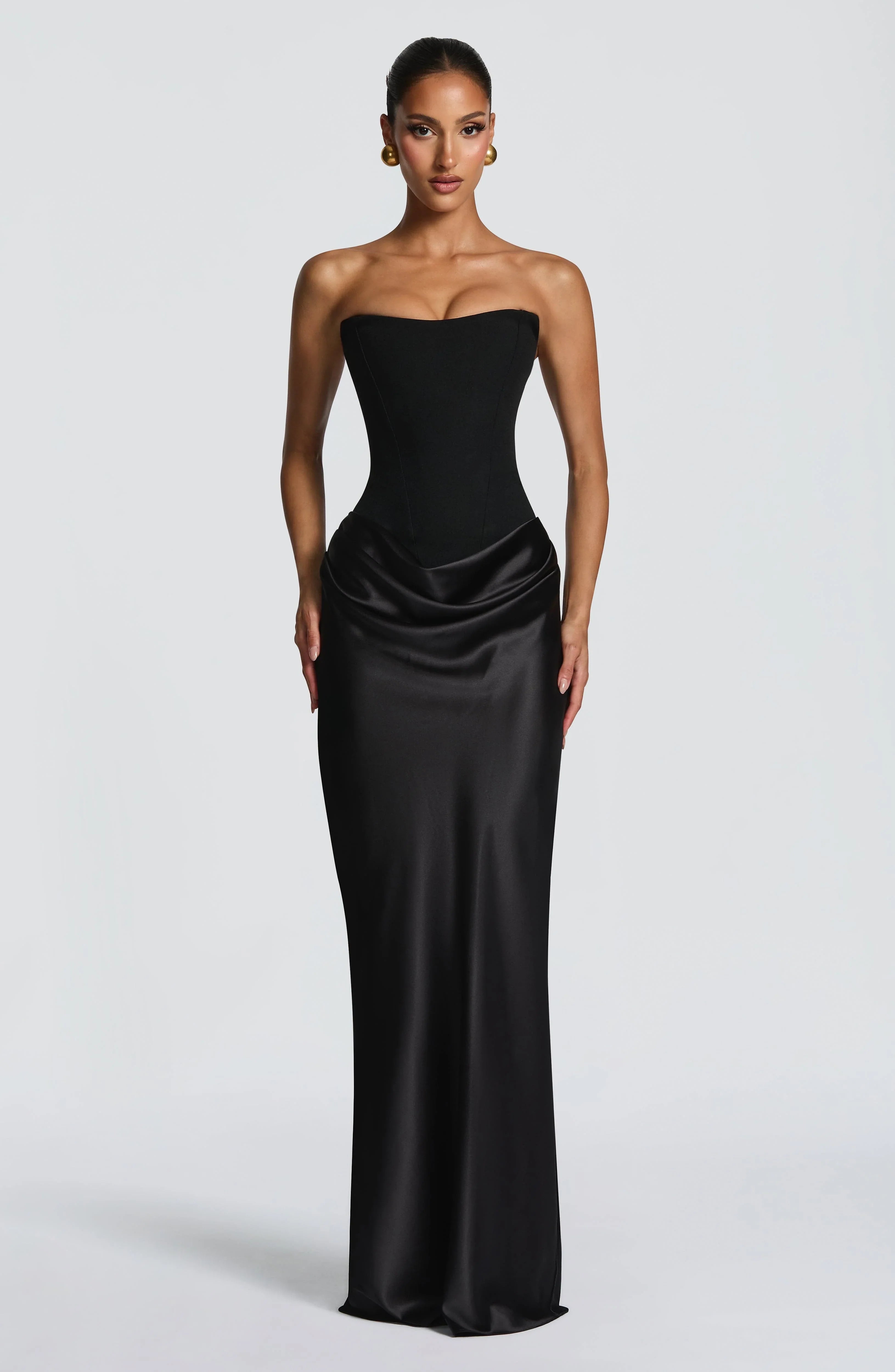 Women's Strapless Corset Satin Draped Maxi Dress