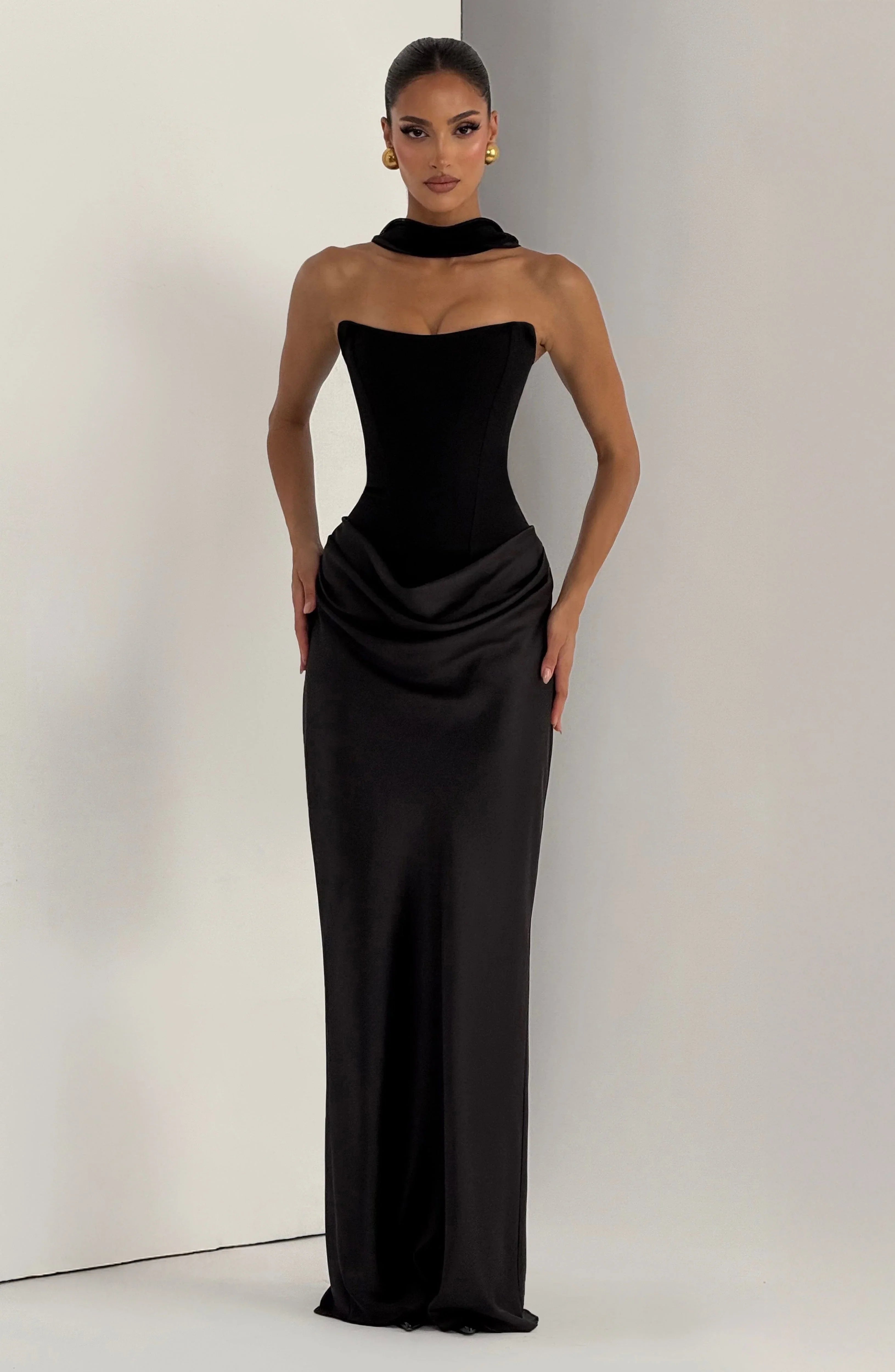 Women's Strapless Corset Satin Draped Maxi Dress