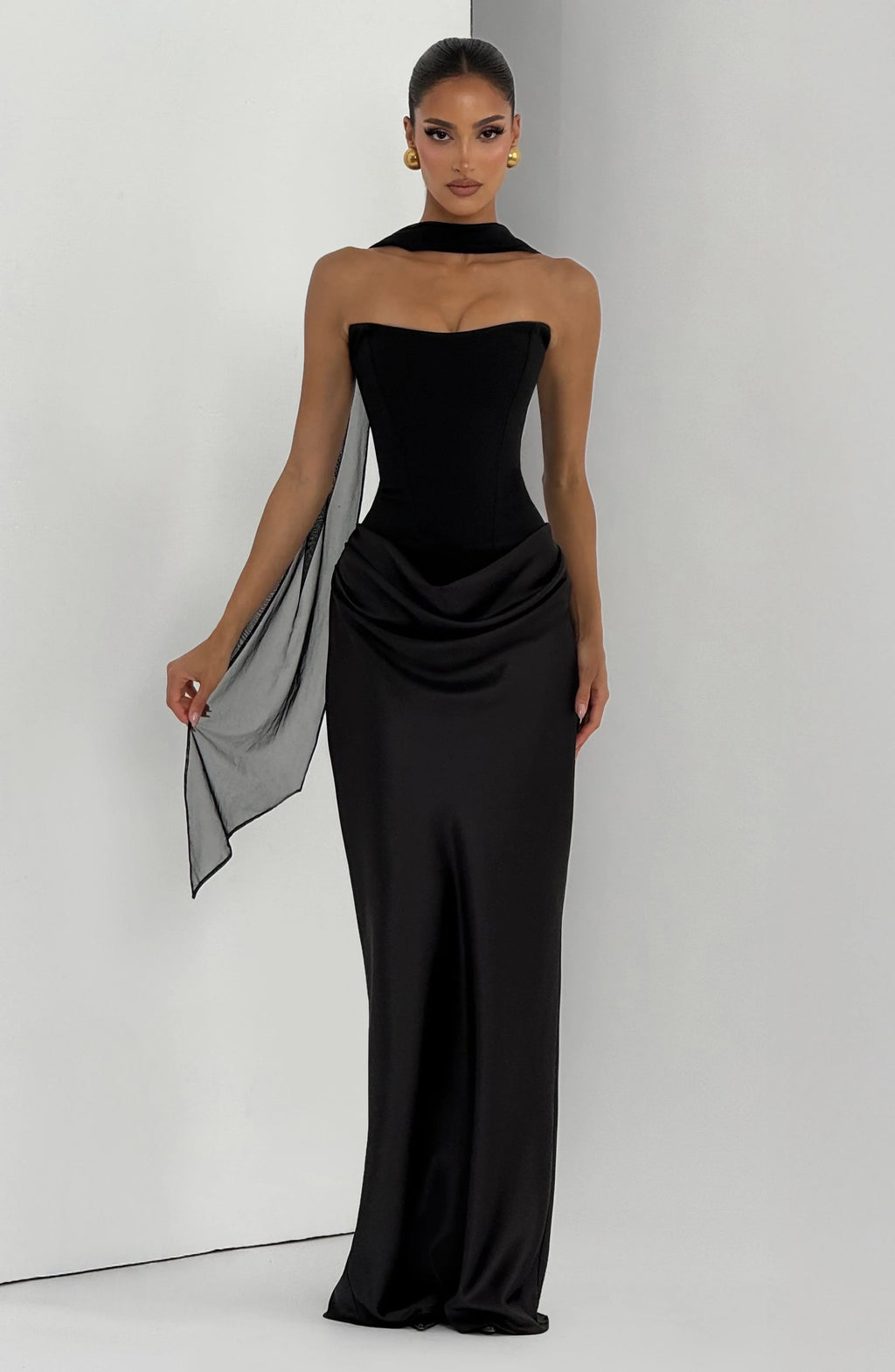 Women's Strapless Corset Satin Draped Maxi Dress