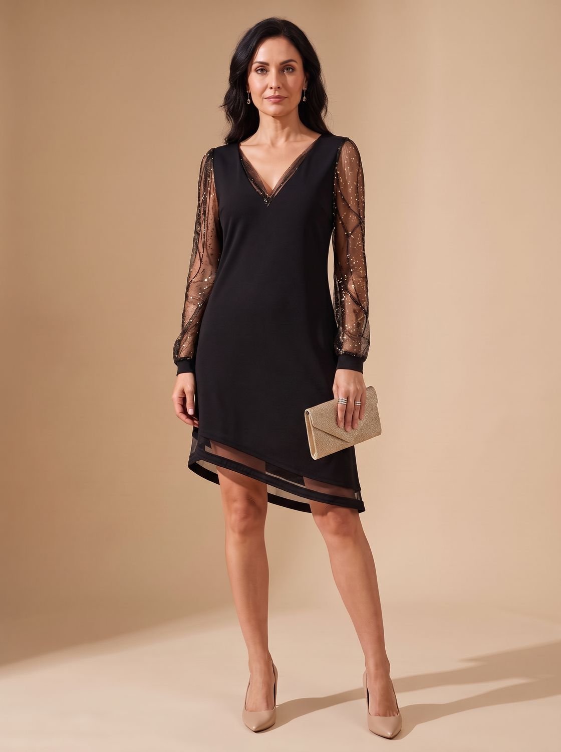 Robe courte noire pour femme | Robe de fête à manches à sequins
